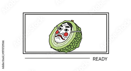 Japanese Noh Mask on a Green Fruit, Surreal Fusion Art