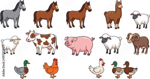 Cute Cartoon Farm Animals Including Horses, Llamas, Sheep, Pigs, Ducks, and Chickens, Hand-Drawn Vector Illustration for Farm, Agriculture, and Animal Designs