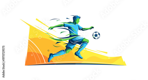 Dynamic soccer player in motion kicking ball with energetic abstract background