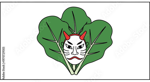 Japanese Oni Mask Hidden Behind Green Leaves, Traditional Culture, Mysterious Face