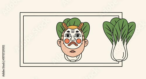 Japanese Oni Mask and Bok Choy Vegetable Illustration on Beige Background