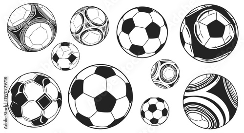 Collection of hand drawn soccer balls in various sizes and styles with black