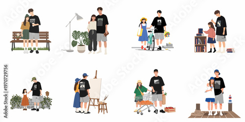 Modern flat vector illustration set of a young couple engaging in various everyday lifestyle activities like shopping, gardening, and painting.