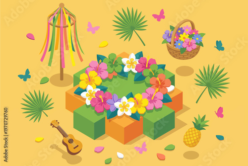 Vibrant tropical celebration concept with flower leis, ukulele, pineapple, and exotic foliage for summer festivities