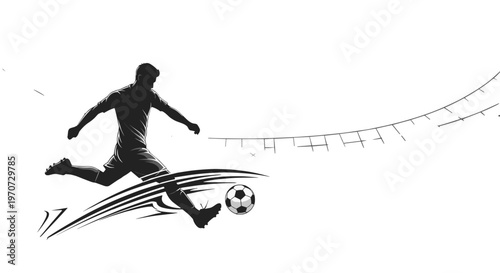 Dynamic silhouette of a soccer player kicking a ball with abstract swirls and lines