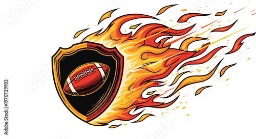 Fiery american football shield emblem with intense flames and white background