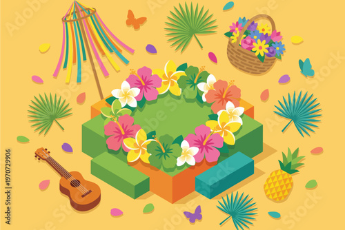 Vibrant Tropical Luau Celebration with Hawaiian Lei, Ukulele, Pineapple, and Festive Summer Elements in Isometric Illustration