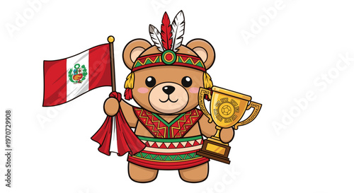 Cute teddy bear character in traditional peruvian attire holding a trophy and flag