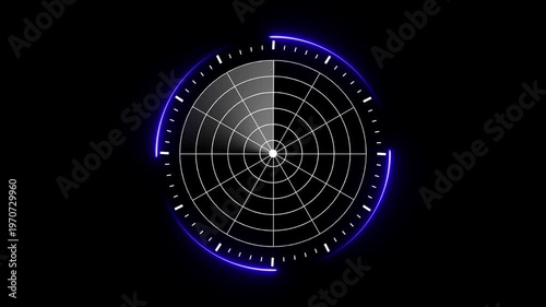 Futuristic radar screen interface with blue neon light and white grid lines on black background for technology and data visualization