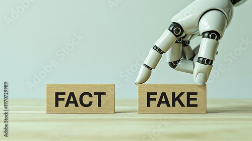 Robot hand choosing between fact and fake blocks concept of artificial intelligence decision making 