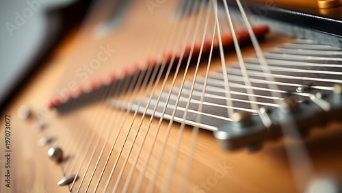 clavichord. Close-up of a clavichord's intricate string and plectrum mechanism, showcasing precise symmetry. event programs, museum guides, designed for cultural heritage projects and event programs.