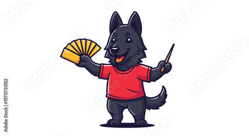 Whimsical black dog character in red shirt holding fan and wand cartoon style