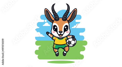 Cute cartoon gazelle character wearing soccer uniform holding ball on grassy field