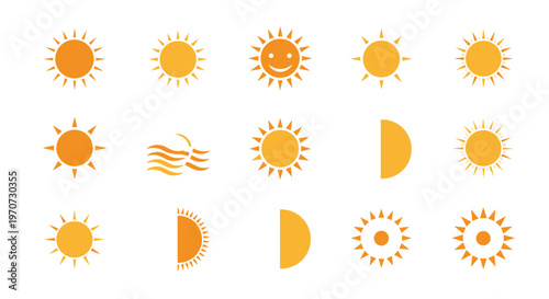 Collection of diverse sun icons and symbols for weather energy and summer themes