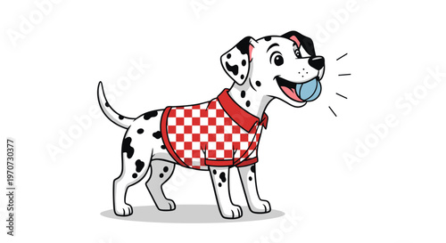 Dalmatian puppy wearing a red checkered bandana happily playing with a blue ball