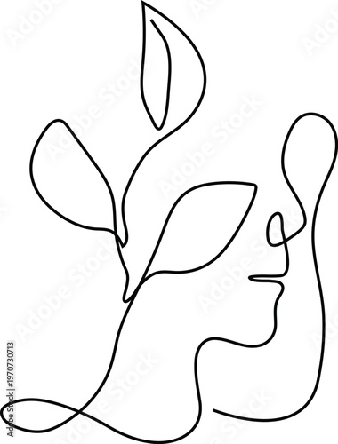 Minimalist Continuous Line Illustration of Human Face with Leaves Representing Nature Growth and Abstract Elegance Concept