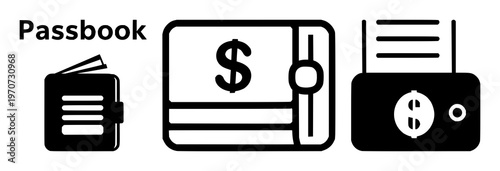 Savings account passbook icon set with solid black design on white background featuring finance, banking, accounting with simple and minimalist