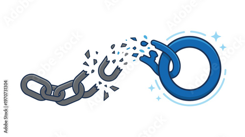 Minimal flat vector illustration of a broken chain transforming into a solid link, freedom concept, clean outline, limited colors, isolated on white background, commercial use