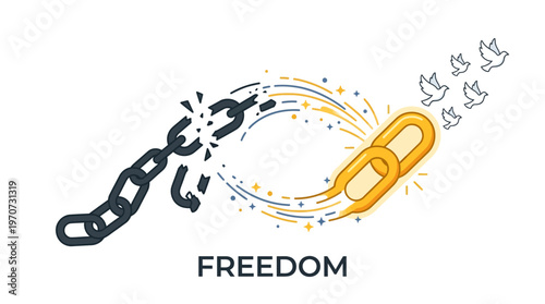 Minimal flat vector illustration of a broken chain transforming into a solid link, freedom concept, clean outline, limited colors, isolated on white background, commercial use