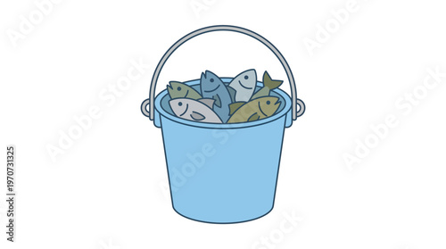 Minimal flat vector illustration of a bucket with caught fish inside, fishing result concept