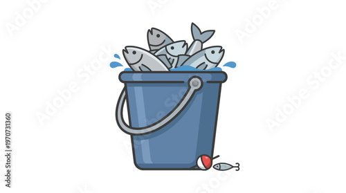 Minimal flat vector illustration of a bucket with caught fish inside, fishing result concept