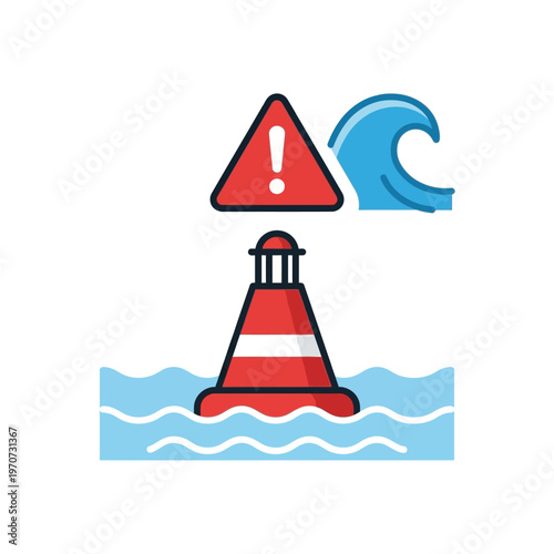 Simple flat vector of a buoy with alert signal icon above water, tsunami warning concept, clean outline, minimal design, limited colors
