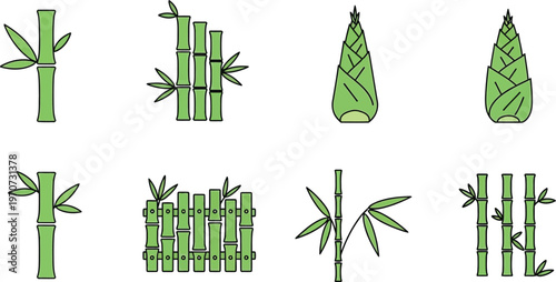 Collection of green bamboo icons and illustrations representing plant growth and natural elements for design isolated on white background