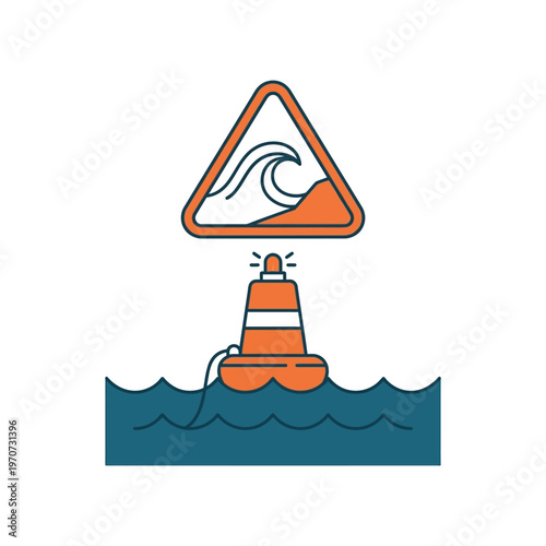 Simple flat vector of a buoy with alert signal icon above water, tsunami warning concept, clean outline, minimal design, limited colors