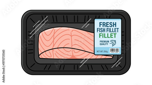 Simple flat vector of packaged fish fillet in a tray with plastic wrap, supermarket seafood product concept, clean outline, minimal detail 