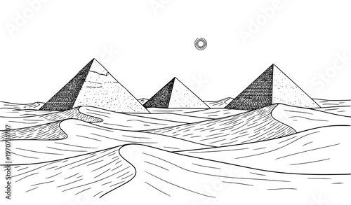 Egyptian Desert Pyramids Landscape Black and White Sketch Vector Illustration Minimal Line Art
