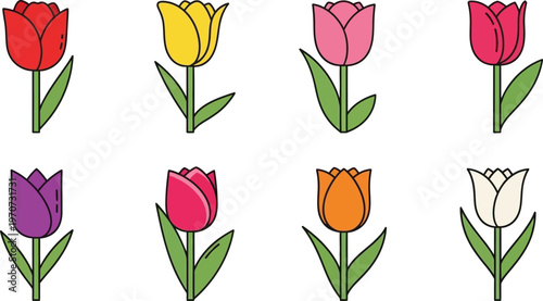 Collection of colorful tulip icons simple flat vector illustrations for spring and floral design isolated on white background