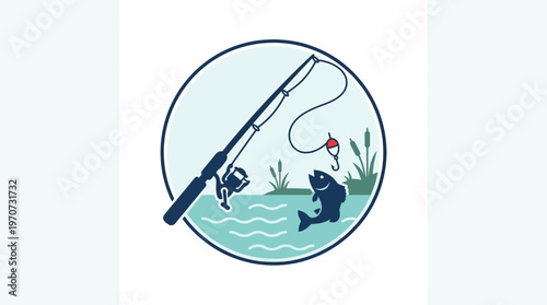 Minimal flat vector illustration of a fishing rod with line and fish silhouette, hobby fishing concept, clean outline, simple geometric composition