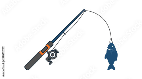 Minimal flat vector illustration of a fishing rod with line and fish silhouette, hobby fishing concept, clean outline, simple geometric composition