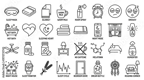 Collection of black outline icons representing healthy sleep hygiene and bedtime routine elements, ideal for corporate wellness programs, healthcare apps and medical lifestyle presentations
