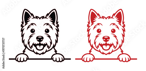 West Highland White Terrier peeking dog vector, cute Westie puppy face illustration, black and red line art dog head set for pet branding