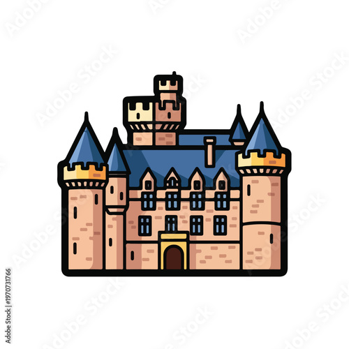 A medieval-style castle with towers and blue roofs