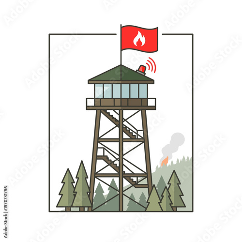 Simple flat vector of a forest fire watch tower with alert signal, wildfire monitoring concept, clean outline, minimal design, limited colors 