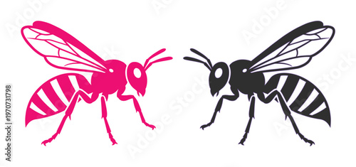 Minimalist wasp vector icons, pink and black hornet silhouettes, stylized bee insect illustrations for logo design and branding