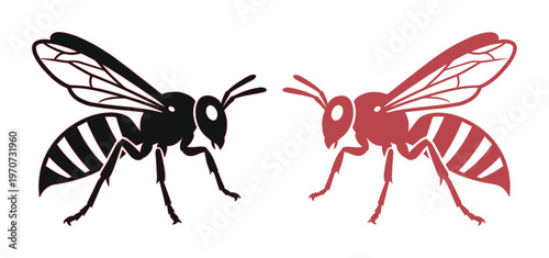 Minimalist wasp vector icons, black and red hornet silhouettes, stinging insect graphic elements for pest control branding and nature design