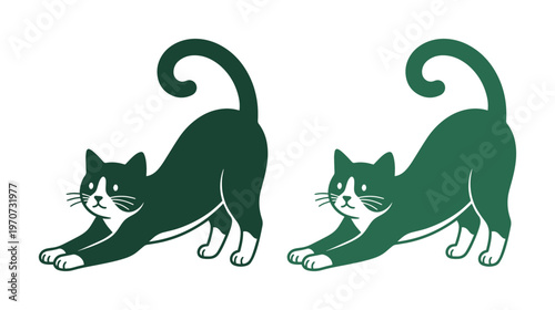 Minimalist cat stretching vector illustration, dark green tuxedo cat silhouette set, feline yoga pose icons for pet branding and animal logos
