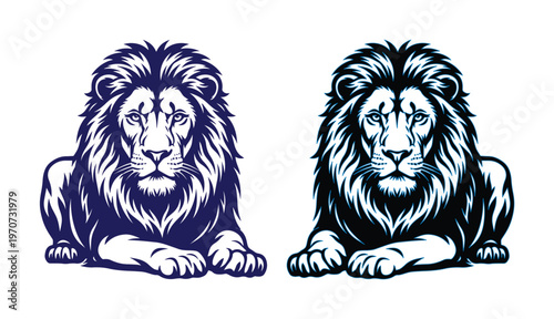 Majestic lion head mascot vector set, powerful male lion sitting in regal pose, blue and black lion illustrations for sports team logos and branding