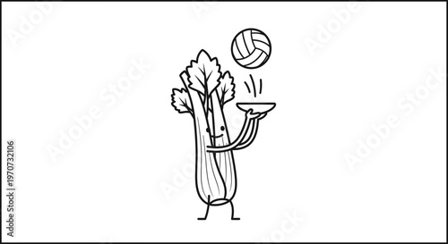 Funny Celery Character Juggling Volleyball on Plate