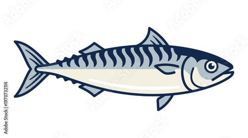 Minimal flat vector illustration of a mackerel fish, striped body simplified design, seafood ingredient concept, clean outline