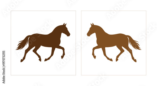 Brown horse silhouette set, galloping stallion vector graphics, elegant equestrian animal shapes on white background, 2 elements for ranch branding