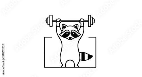 Funny Raccoon Lifting Weights, Gym Workout, Fitness Motivation, Cartoon Style