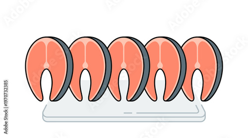 Minimal flat vector illustration of sliced fish pieces arranged in a neat row, food preparation concept, simple shapes