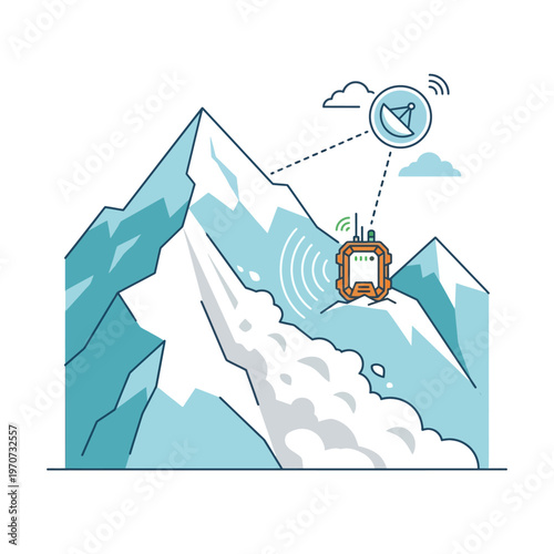 Minimal flat vector illustration of a snow mountain with a small sensor device detecting avalanche movement, disaster monitoring concept, clean outline, simple composition
