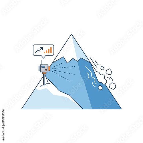 Minimal flat vector illustration of a snow mountain with a small sensor device detecting avalanche movement, disaster monitoring concept, clean outline, simple composition