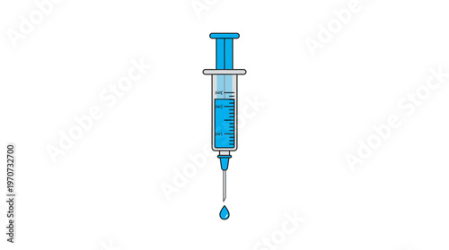 Simple flat vector of a syringe with a small drop at needle tip, injection moment concept, clean outline, minimal detail, limited colors