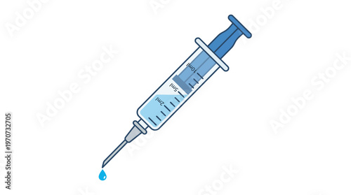 Simple flat vector of a syringe with a small drop at needle tip, injection moment concept, clean outline, minimal detail, limited colors